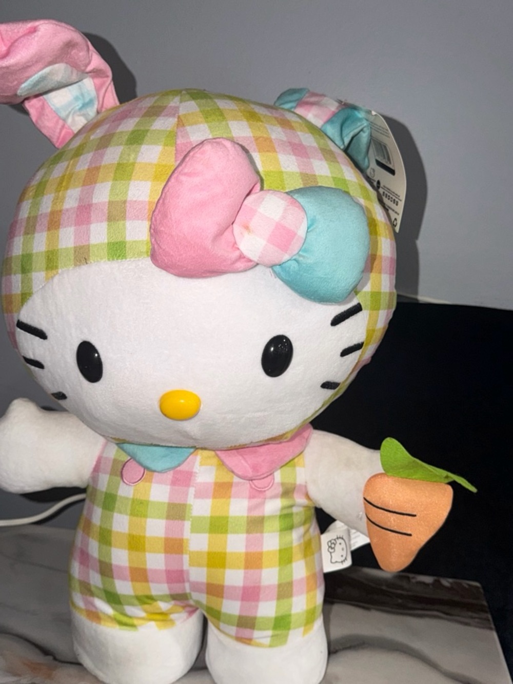 Hello Kitty Pastel Plaid Plush in Pink, Green & Blue with Carrot
